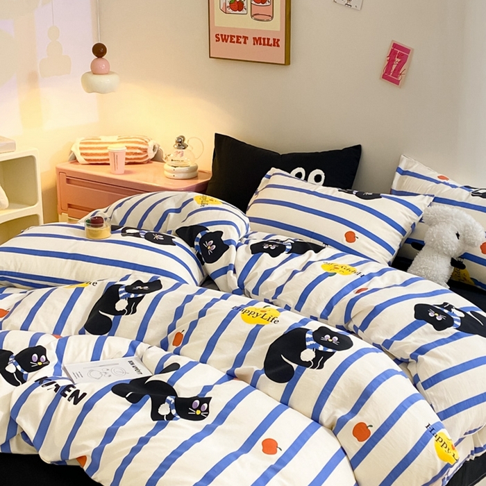 91家纺网 家纺一手货源 找家纺 葡萄家 2024新款双层纱云柔水洗棉萌趣卡通系列四件套（提供买家秀联系客服） 蓝小猫