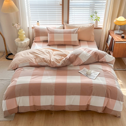 启程家纺 2026新款全棉A类水洗棉多规格四件套单品-四件套 粉大格