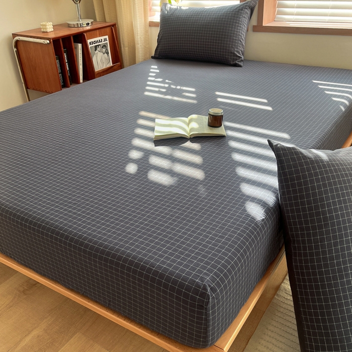 91家纺网 家纺一手货源 找家纺 启程家纺 2026新款全棉A类水洗棉多规格四件套单品-单床笠 灰小方格