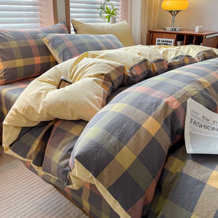 91家纺网 家纺一手货源 找家纺 启程家纺 2026新款全棉A类水洗棉多规格四件套单品-四件套 牛油果灰大格