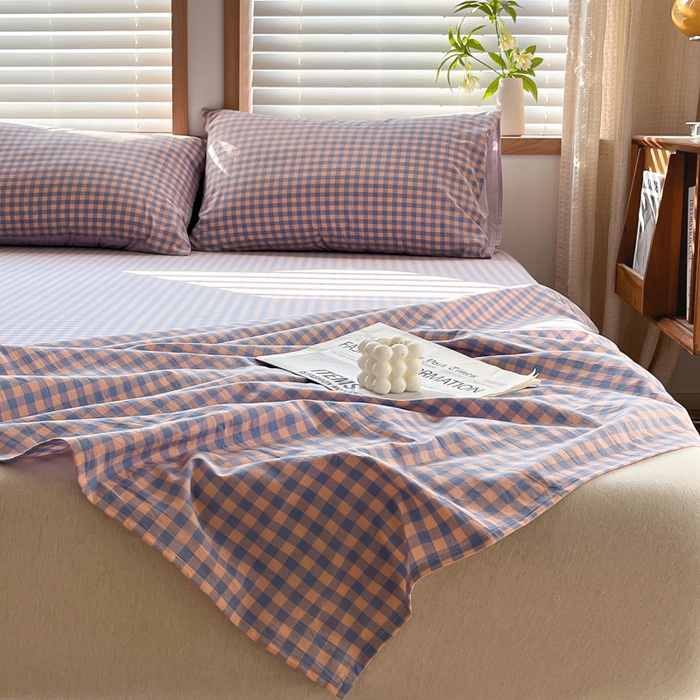 91家纺网 家纺一手货源 找家纺 启程家纺 2026新款全棉A类水洗棉多规格四件套单品-单床单 紫粉小格