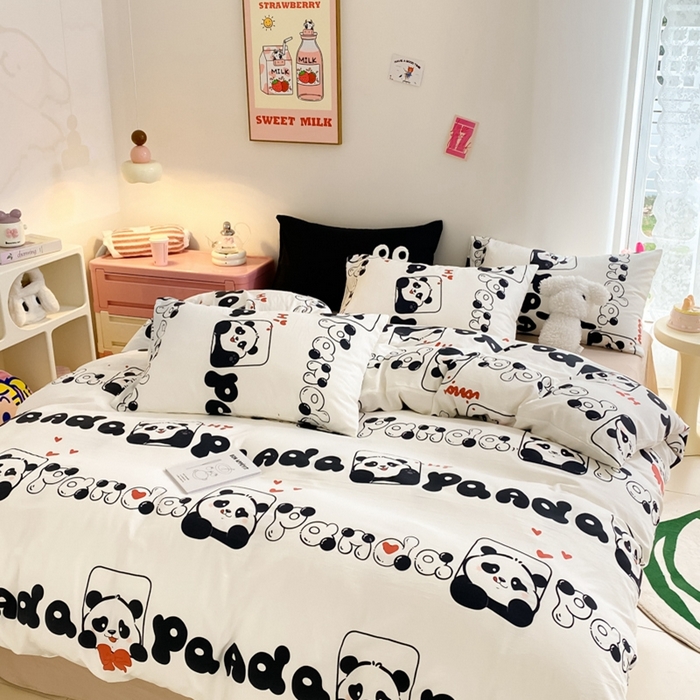 91家纺网 家纺一手货源 找家纺 葡萄家 2024新款双层纱云柔水洗棉萌趣卡通系列四件套（提供买家秀联系客服） 可爱熊猫
