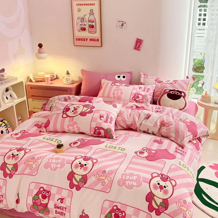 91家纺网 家纺一手货源 找家纺 （总）葡萄家 2024新款双层纱云柔水洗棉萌趣卡通系列四件套（提供买家秀联系客服）