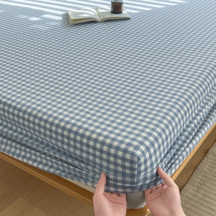 91家纺网 家纺一手货源 找家纺 启程家纺 2026新款全棉A类水洗棉多规格四件套单品-单床笠 浅蓝小格