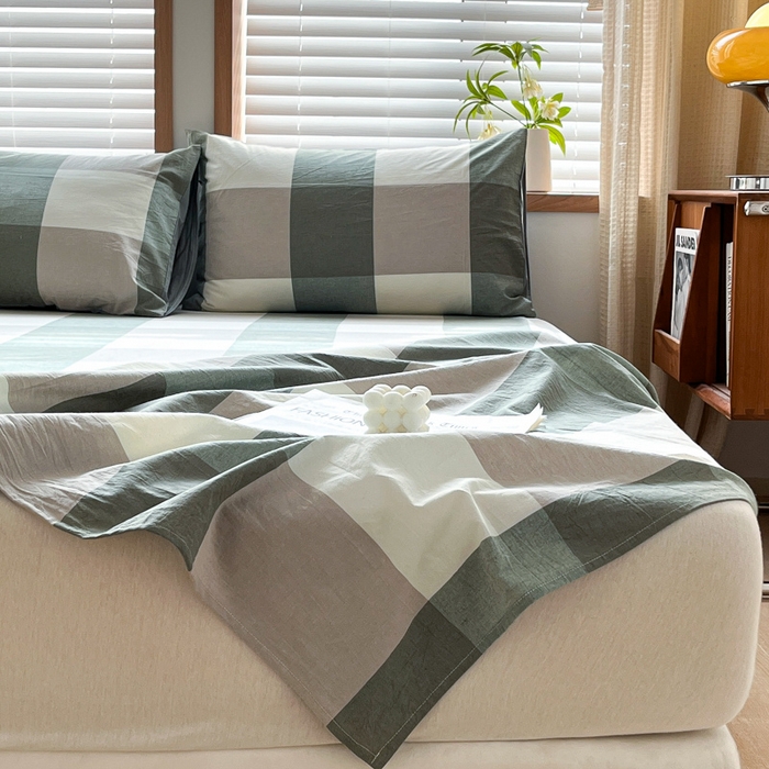 91家纺网 家纺一手货源 找家纺 启程家纺 2026新款全棉A类水洗棉多规格四件套单品-单床单 绿大格