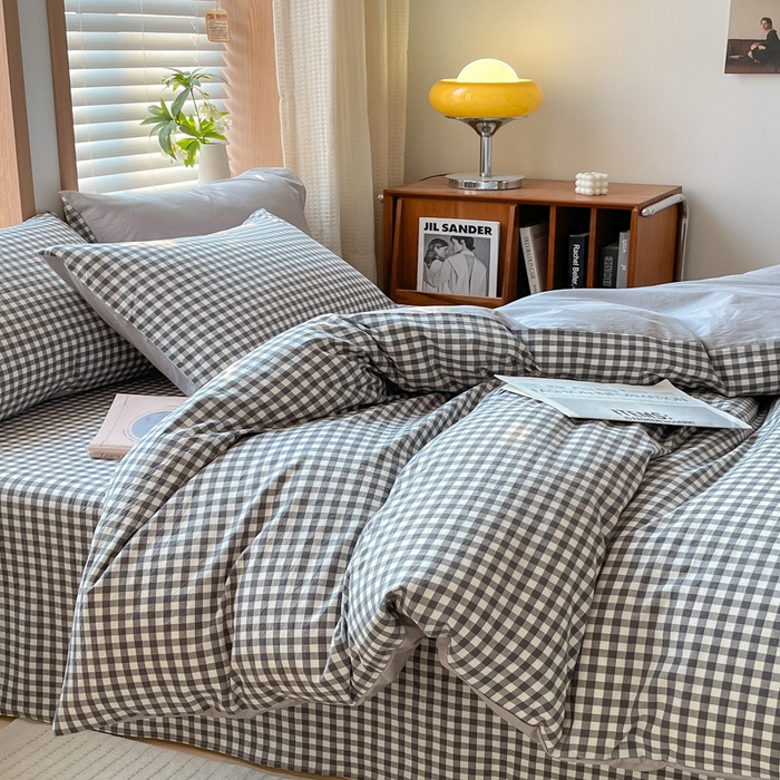 91家纺网 家纺一手货源 找家纺 启程家纺 2026新款全棉A类水洗棉多规格四件套单品-四件套 灰小格