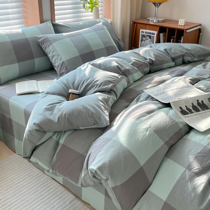 91家纺网 家纺一手货源 找家纺 启程家纺 2026新款全棉A类水洗棉多规格四件套单品-四件套 绿灰大格