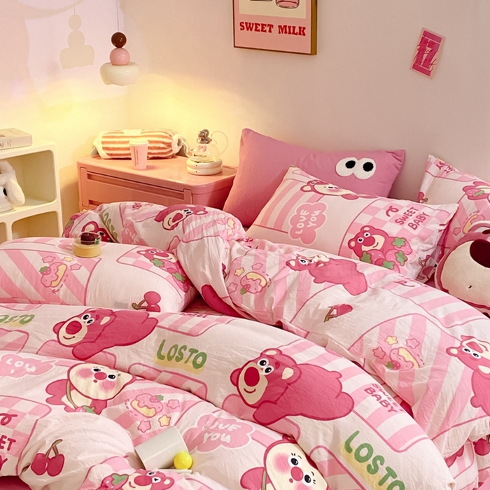 91家纺网 家纺一手货源 找家纺 （总）葡萄家 2024新款双层纱云柔水洗棉萌趣卡通系列四件套（提供买家秀联系客服）