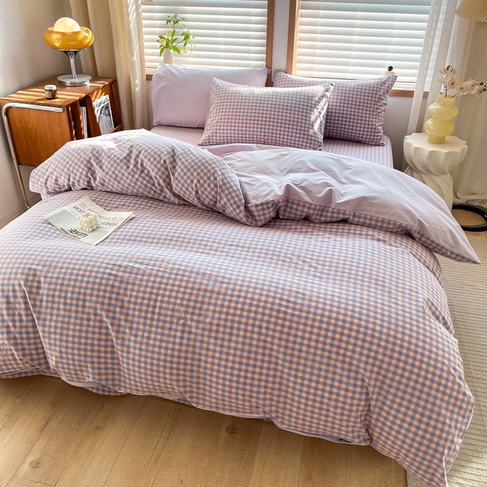 91家纺网 家纺一手货源 找家纺 启程家纺 2026新款全棉A类水洗棉多规格四件套单品-四件套 紫粉小格