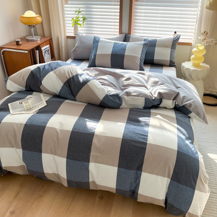 91家纺网 家纺一手货源 找家纺 启程家纺 2026新款全棉A类水洗棉多规格四件套单品-四件套 蓝大格