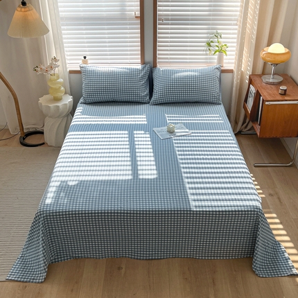 启程家纺 2026新款全棉A类水洗棉多规格四件套单品-单床单 浅蓝小格