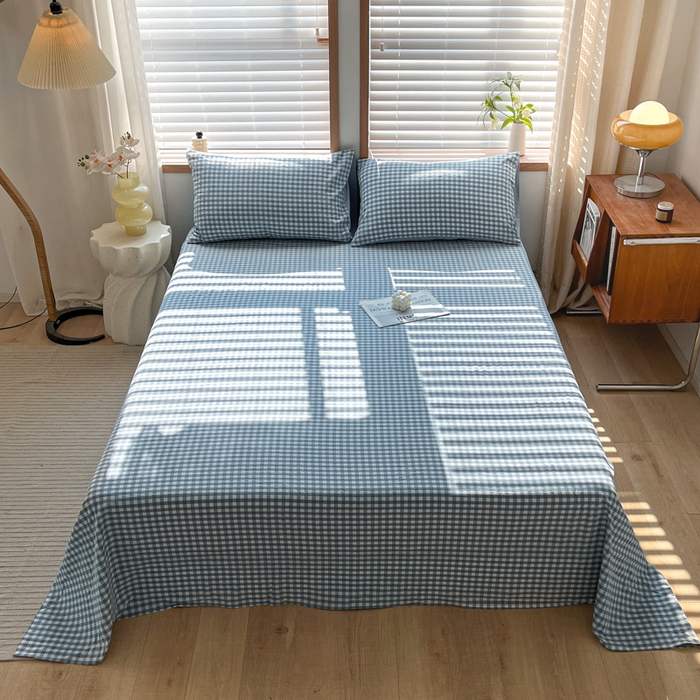 91家纺网 家纺一手货源 找家纺 启程家纺 2026新款全棉A类水洗棉多规格四件套单品-单床单 浅蓝小格