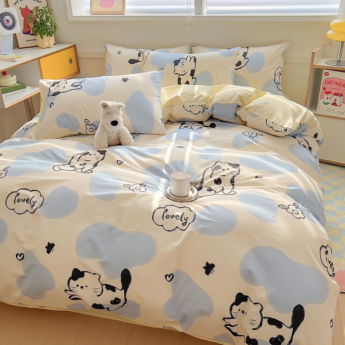 91家纺网 家纺一手货源 找家纺 百寐2024新款小清新碎花卡通13372全棉四件套纯棉床单床笠款 奶牛猫