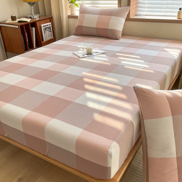 91家纺网 家纺一手货源 找家纺 启程家纺 2026新款全棉A类水洗棉多规格四件套单品-单床笠 粉大格