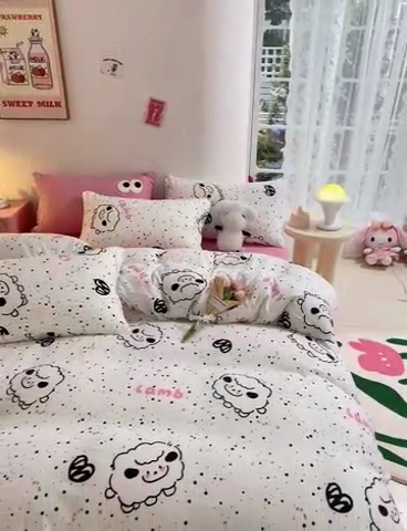 91家纺网 家纺一手货源 找家纺 葡萄家 2024新款双层纱云柔水洗棉萌趣卡通系列四件套（提供买家秀联系客服） 小羊咩咩