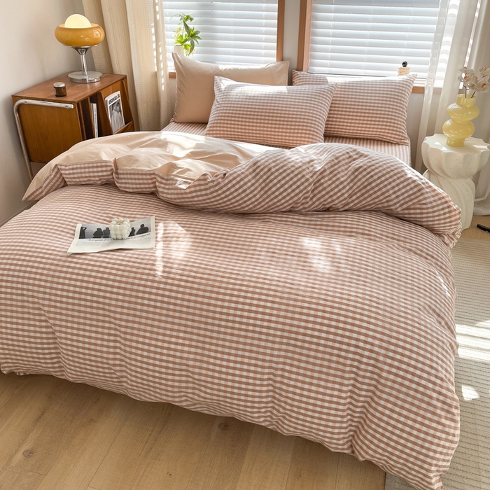 91家纺网 家纺一手货源 找家纺 启程家纺 2026新款全棉A类水洗棉多规格四件套单品-四件套 粉小格