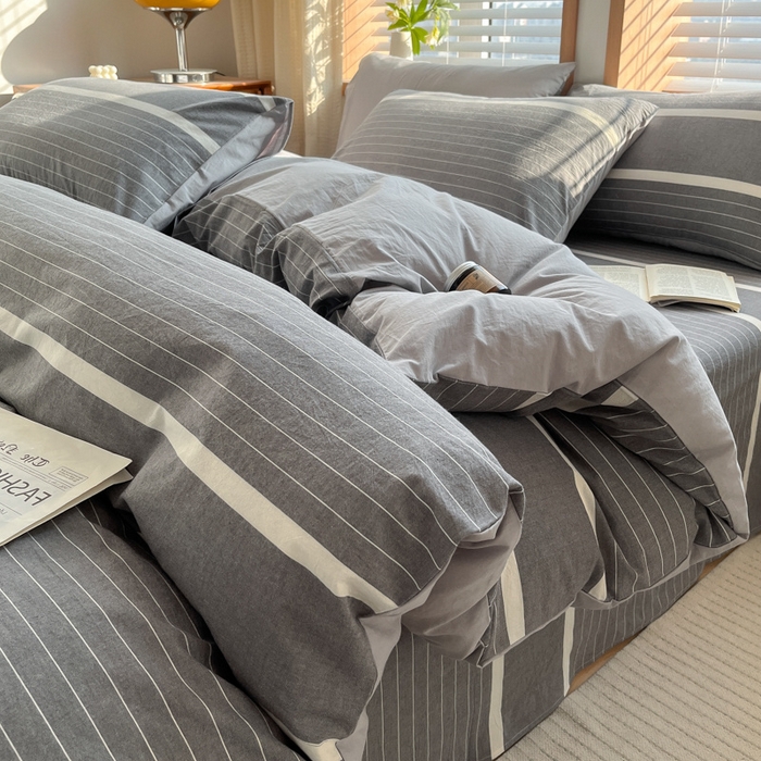 91家纺网 家纺一手货源 找家纺 启程家纺 2026新款全棉A类水洗棉多规格四件套单品-四件套 深灰条