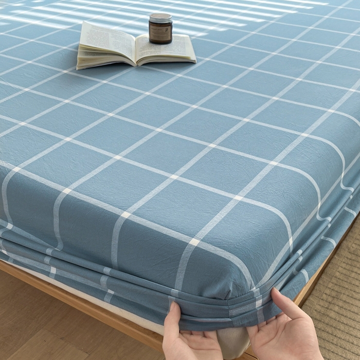 91家纺网 家纺一手货源 找家纺 启程家纺 2026新款全棉A类水洗棉多规格四件套单品-单床笠 蓝灰中格