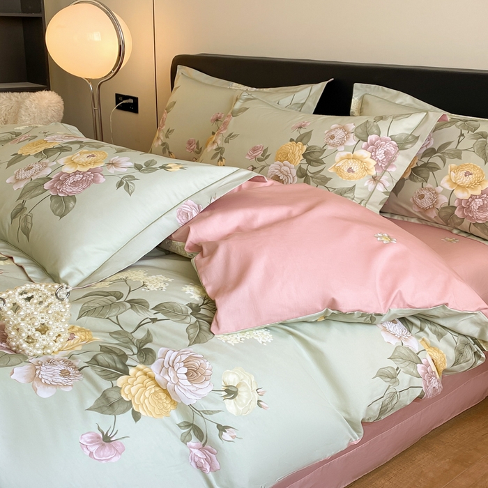 91家纺网 家纺一手货源 找家纺 格里芬家纺 2025新款全棉四件套13376纯棉印花四件套 花绘-绿