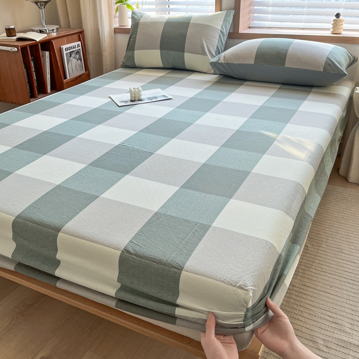 91家纺网 家纺一手货源 找家纺 启程家纺 2026新款全棉A类水洗棉多规格四件套单品-单床笠 绿大格