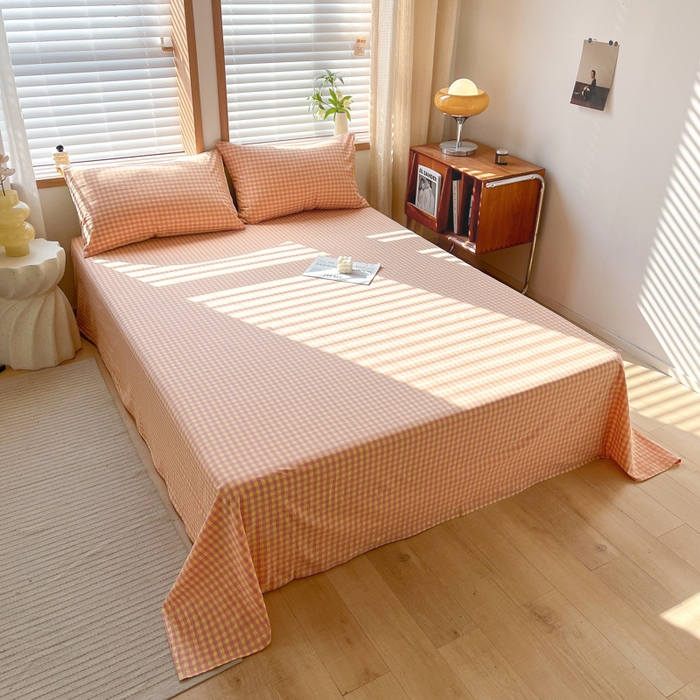 91家纺网 家纺一手货源 找家纺 启程家纺 2026新款全棉A类水洗棉多规格四件套单品-单床单 黄粉小格