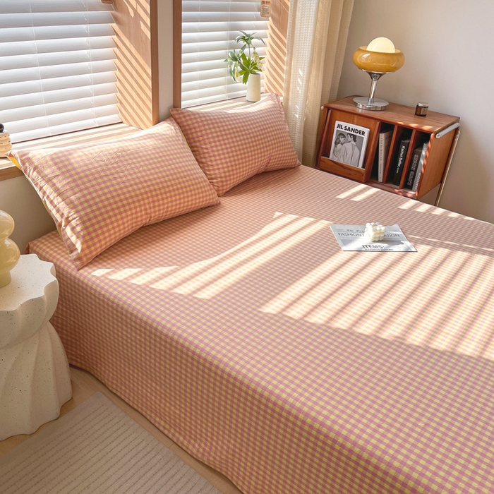 91家纺网 家纺一手货源 找家纺 启程家纺 2026新款全棉A类水洗棉多规格四件套单品-单床单 黄粉小格