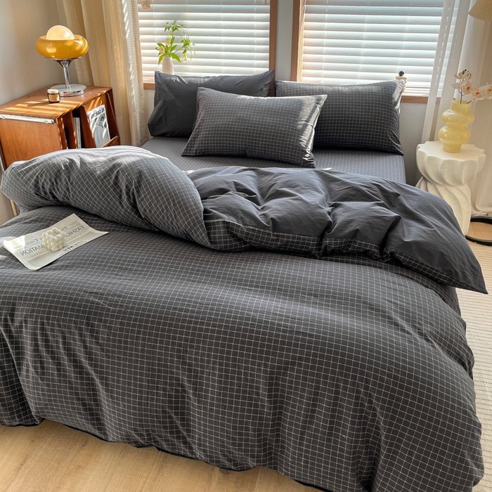 91家纺网 家纺一手货源 找家纺 启程家纺 2026新款全棉A类水洗棉多规格四件套单品-四件套 灰小方格