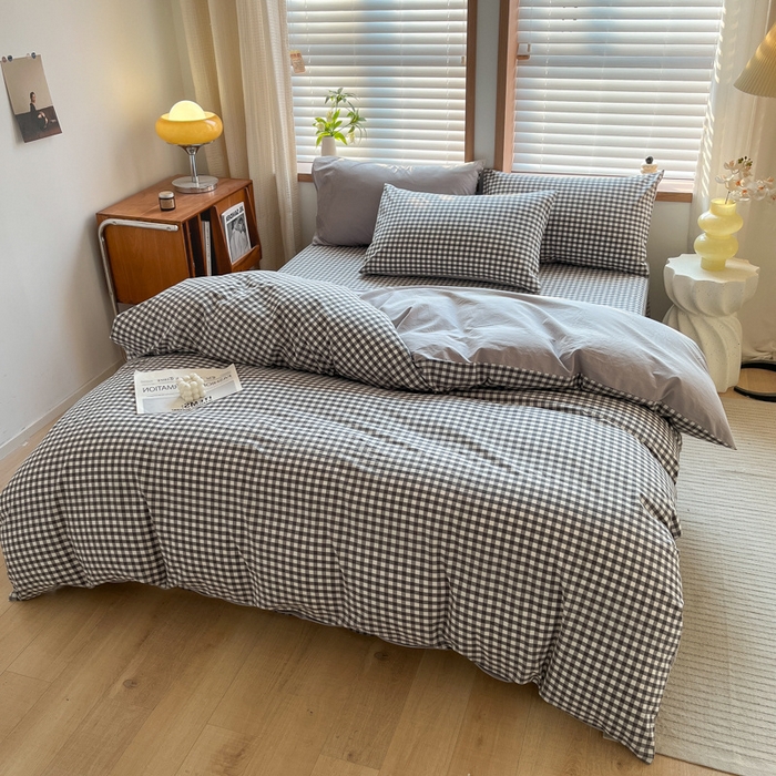 91家纺网 家纺一手货源 找家纺 启程家纺 2026新款全棉A类水洗棉多规格四件套单品-四件套 灰小格