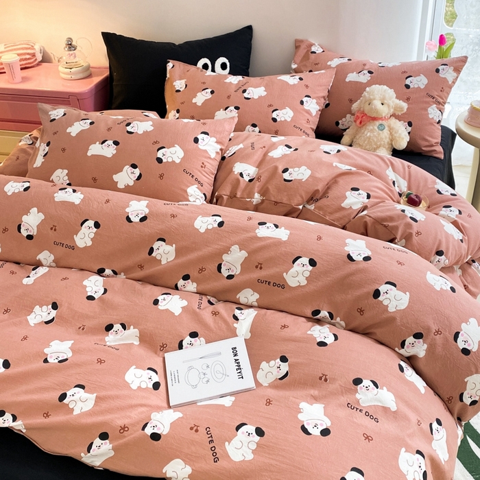 91家纺网 家纺一手货源 找家纺 葡萄家 2024新款双层纱云柔水洗棉萌趣卡通系列四件套（提供买家秀联系客服） 你好小狗