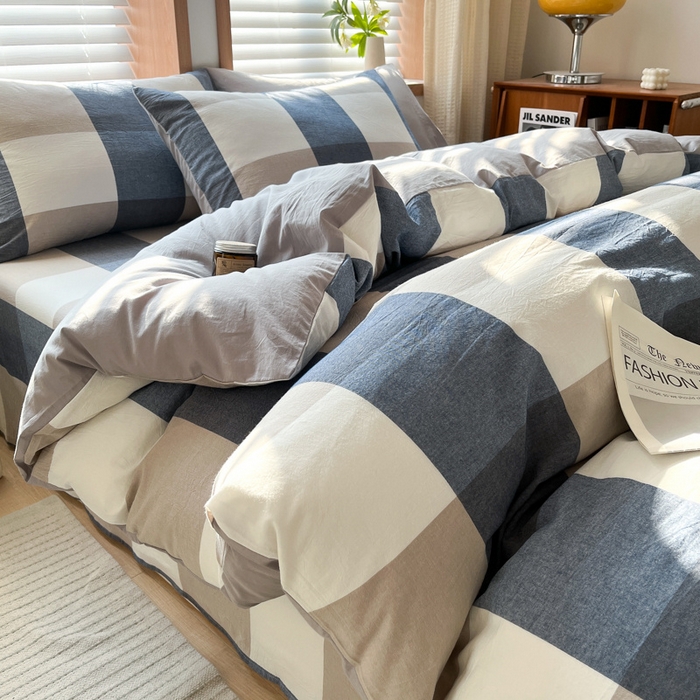 91家纺网 家纺一手货源 找家纺 启程家纺 2026新款全棉A类水洗棉多规格四件套单品-四件套 蓝大格