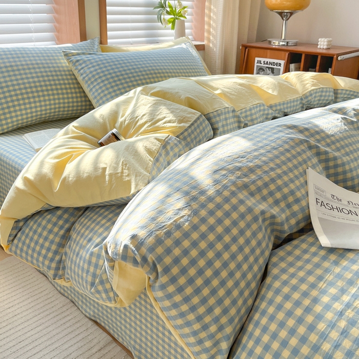 91家纺网 家纺一手货源 找家纺 启程家纺 2026新款全棉A类水洗棉多规格四件套单品-四件套 蓝黄小格