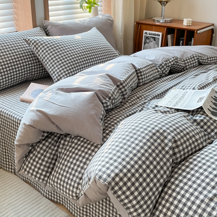 91家纺网 家纺一手货源 找家纺 启程家纺 2026新款全棉A类水洗棉多规格四件套单品-四件套 灰小格