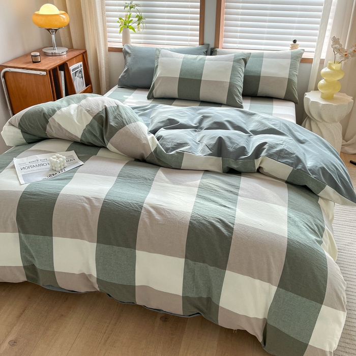 91家纺网 家纺一手货源 找家纺 启程家纺 2026新款全棉A类水洗棉多规格四件套单品-四件套 绿大格