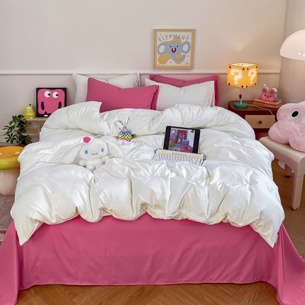 91家纺网 家纺一手货源 找家纺 芷凡 2023新款A类超柔云朵棉四件套 奶普+玫红