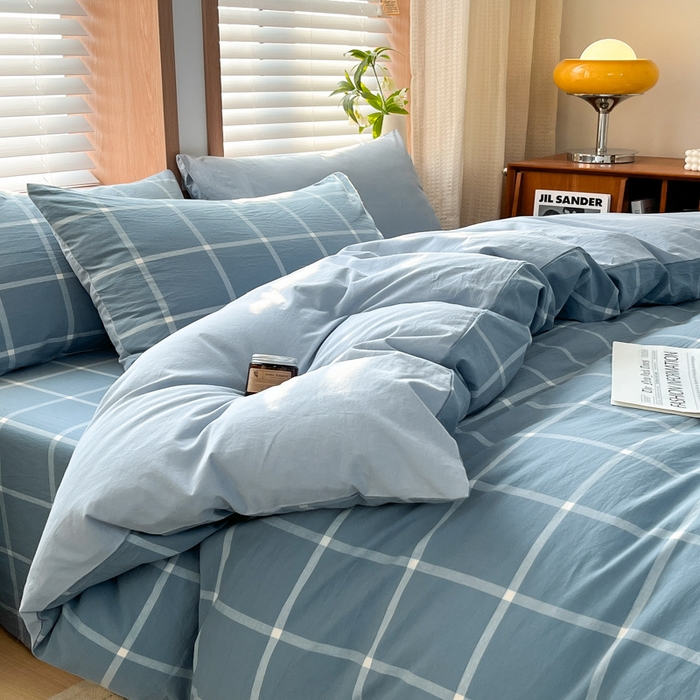 91家纺网 家纺一手货源 找家纺 启程家纺 2026新款全棉A类水洗棉多规格四件套单品-四件套 蓝灰中格