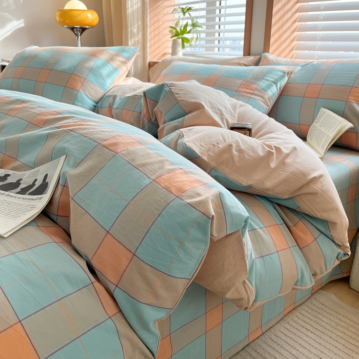 91家纺网 家纺一手货源 找家纺 启程家纺 2026新款全棉A类水洗棉多规格四件套单品-四件套 云华绿大格