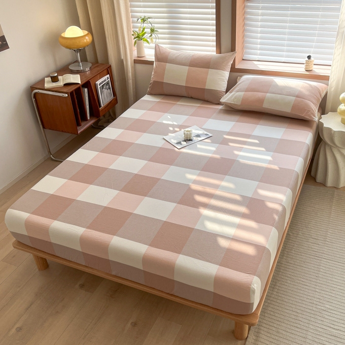 91家纺网 家纺一手货源 找家纺 启程家纺 2026新款全棉A类水洗棉多规格四件套单品-单床笠 粉大格