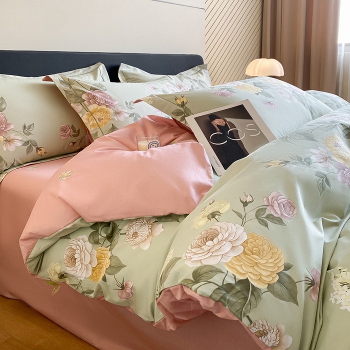 91家纺网 家纺一手货源 找家纺 格里芬家纺 2025新款全棉四件套13376纯棉印花四件套 花绘-绿