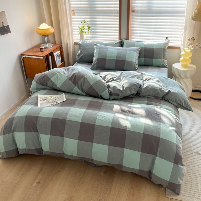 91家纺网 家纺一手货源 找家纺 启程家纺 2026新款全棉A类水洗棉多规格四件套单品-四件套 绿灰大格