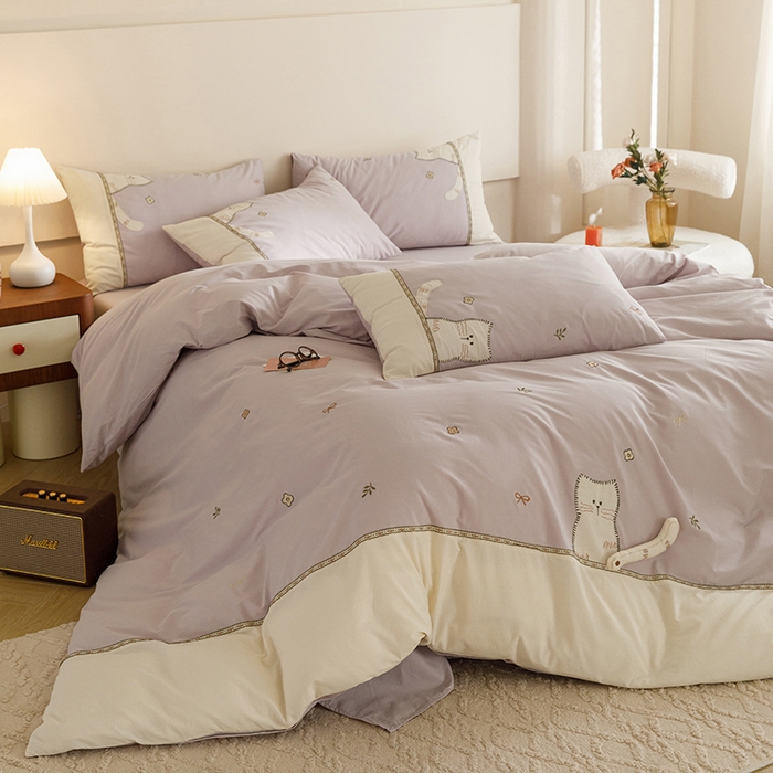 91家纺网 家纺一手货源 找家纺 艾莱家纺 2024新款水洗棉加厚绣花四件套 紫色cat