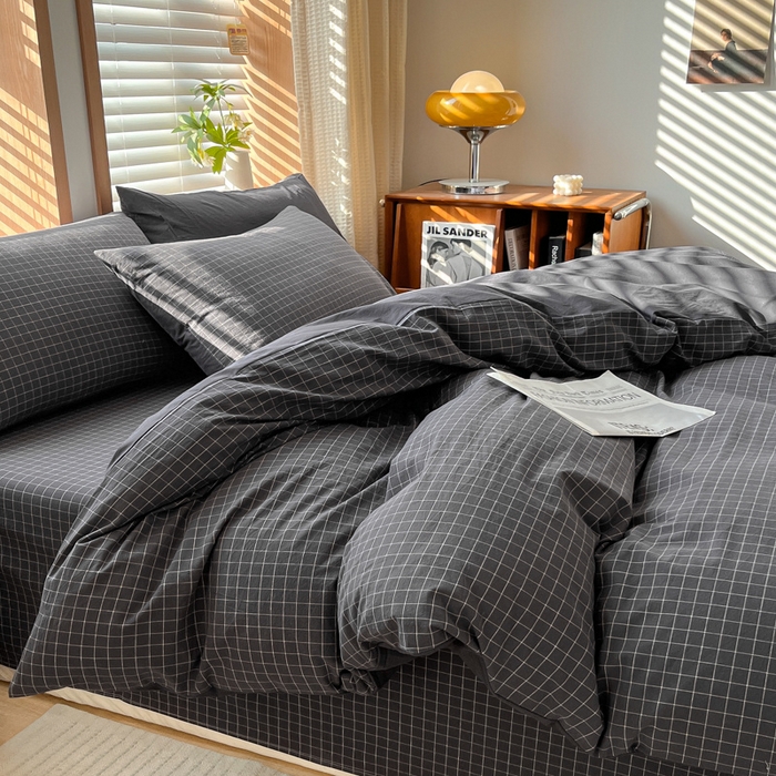 91家纺网 家纺一手货源 找家纺 启程家纺 2026新款全棉A类水洗棉多规格四件套单品-四件套 灰小方格