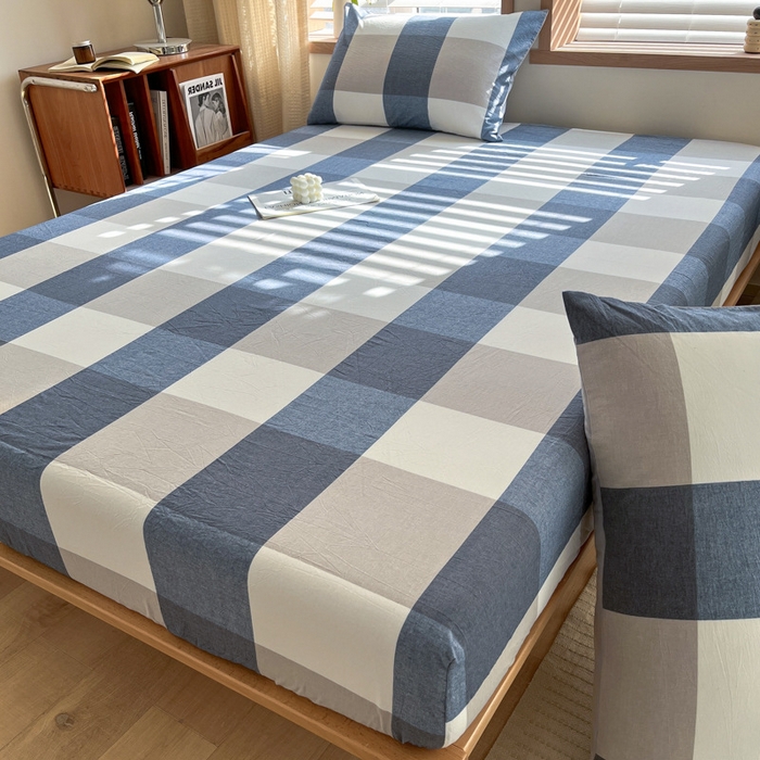 91家纺网 家纺一手货源 找家纺 启程家纺 2026新款全棉A类水洗棉多规格四件套单品-单床笠 蓝大格