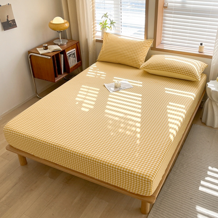 91家纺网 家纺一手货源 找家纺 启程家纺 2026新款全棉A类水洗棉多规格四件套单品-单床笠 黄小格