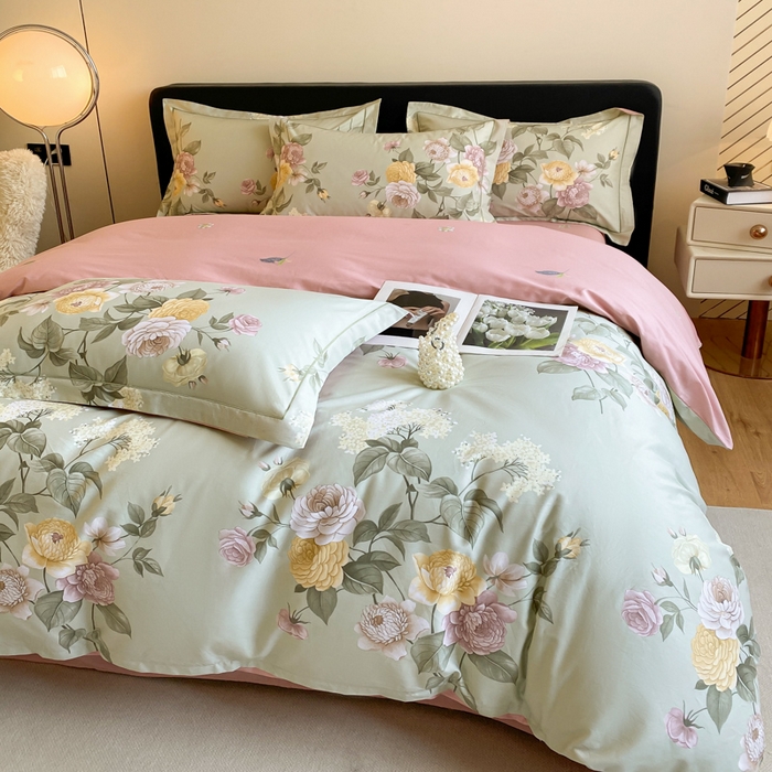 91家纺网 家纺一手货源 找家纺 格里芬家纺 2025新款全棉四件套13376纯棉印花四件套 花绘-绿