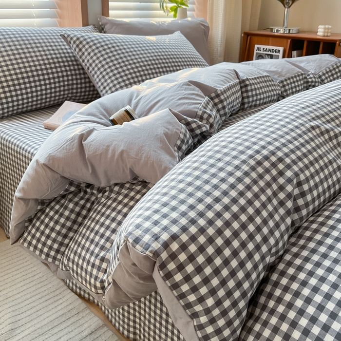 91家纺网 家纺一手货源 找家纺 启程家纺 2026新款全棉A类水洗棉多规格四件套单品-四件套 灰小格