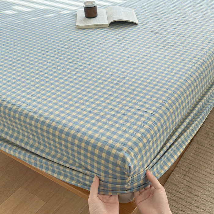 91家纺网 家纺一手货源 找家纺 启程家纺 2026新款全棉A类水洗棉多规格四件套单品-单床笠 蓝黄小格