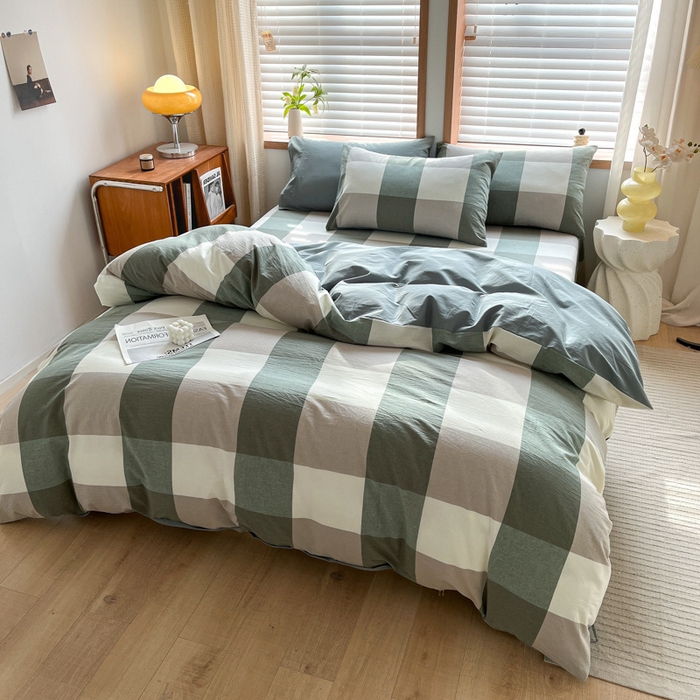 91家纺网 家纺一手货源 找家纺 启程家纺 2026新款全棉A类水洗棉多规格四件套单品-四件套 绿大格