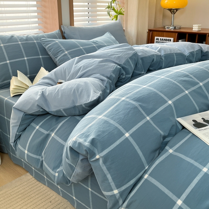 91家纺网 家纺一手货源 找家纺 启程家纺 2026新款全棉A类水洗棉多规格四件套单品-四件套 蓝灰中格