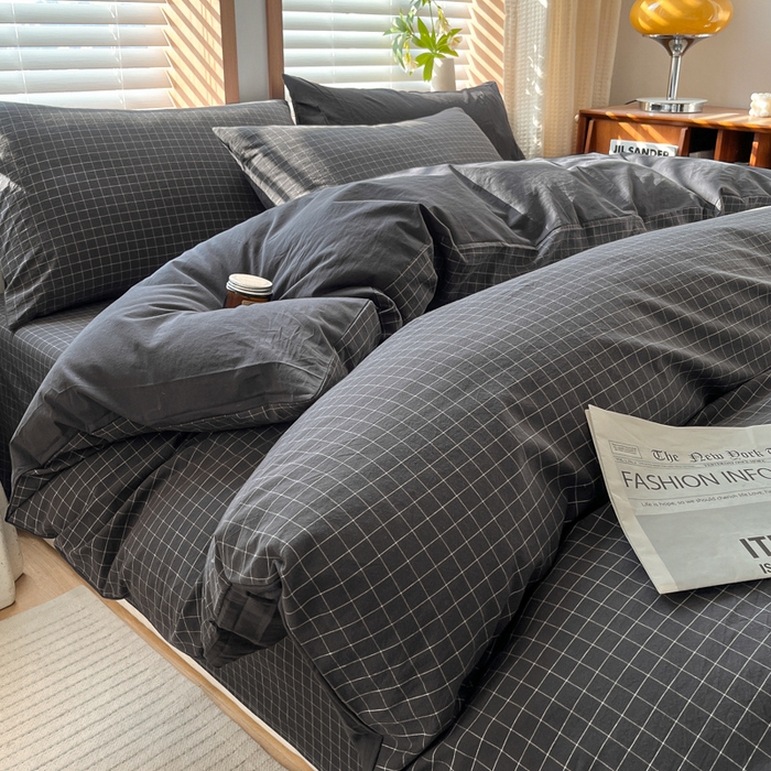 91家纺网 家纺一手货源 找家纺 启程家纺 2026新款全棉A类水洗棉多规格四件套单品-四件套 灰小方格