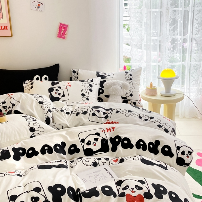 91家纺网 家纺一手货源 找家纺 葡萄家 2024新款双层纱云柔水洗棉萌趣卡通系列四件套（提供买家秀联系客服） 可爱熊猫